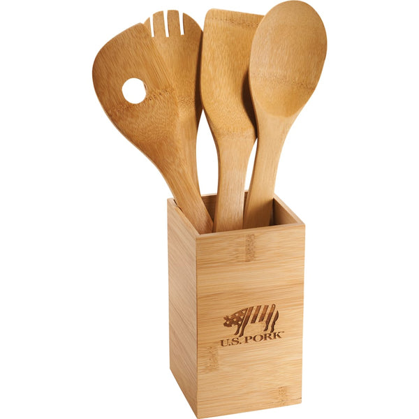 Ensemble d'ustensiles de cuisine et boîte en bambou 4 pièces