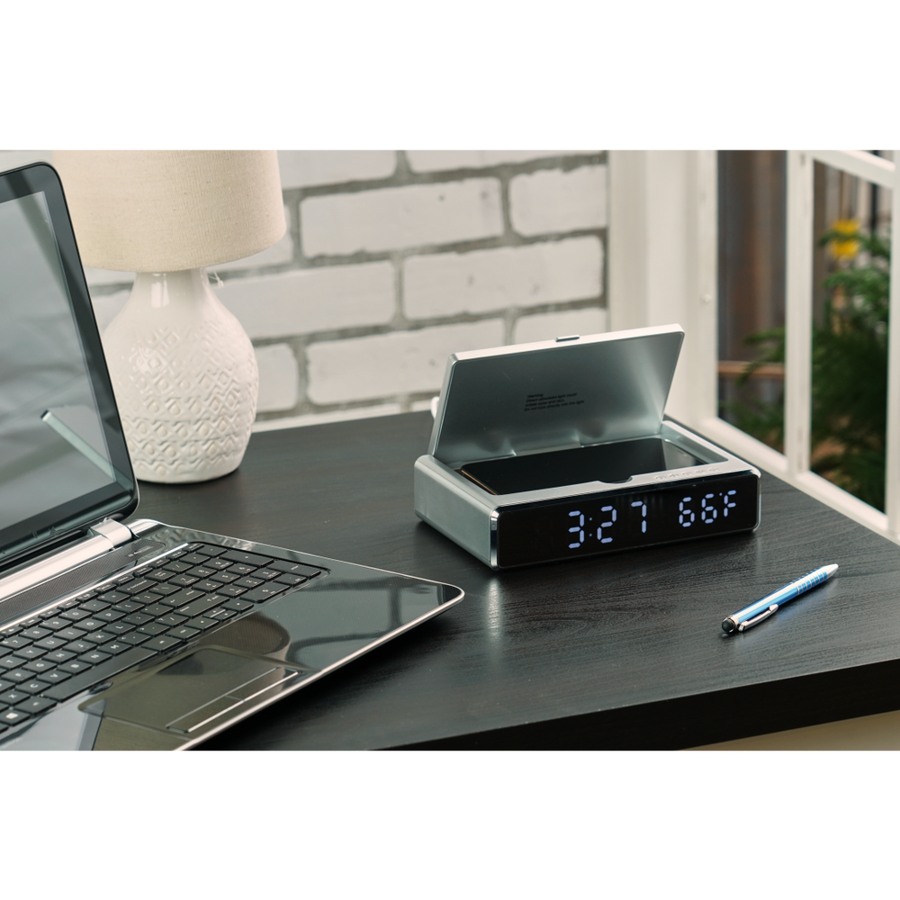 UV Sanitizer Desk Clock with Wireless Charging | Techceleration | closeout, New, sku-7143-18, Techceleration | CFDFpromo.com